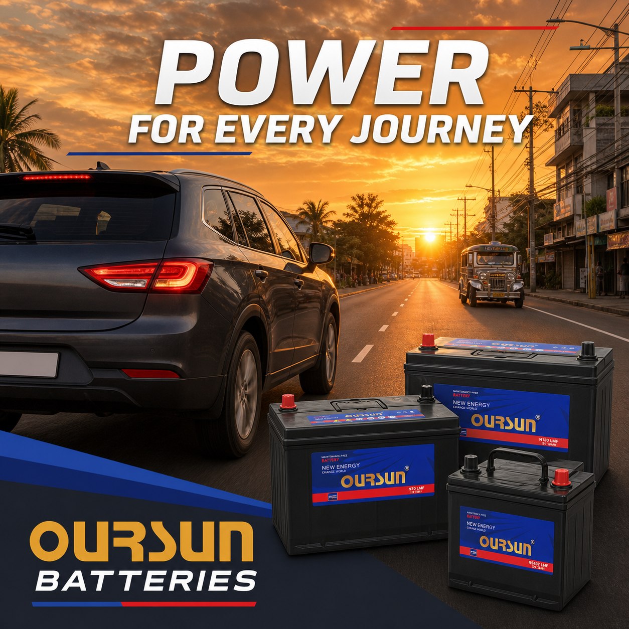 OurSun Batteries campaign showing three automotive batteries beside an SUV on a Philippine street at sunset